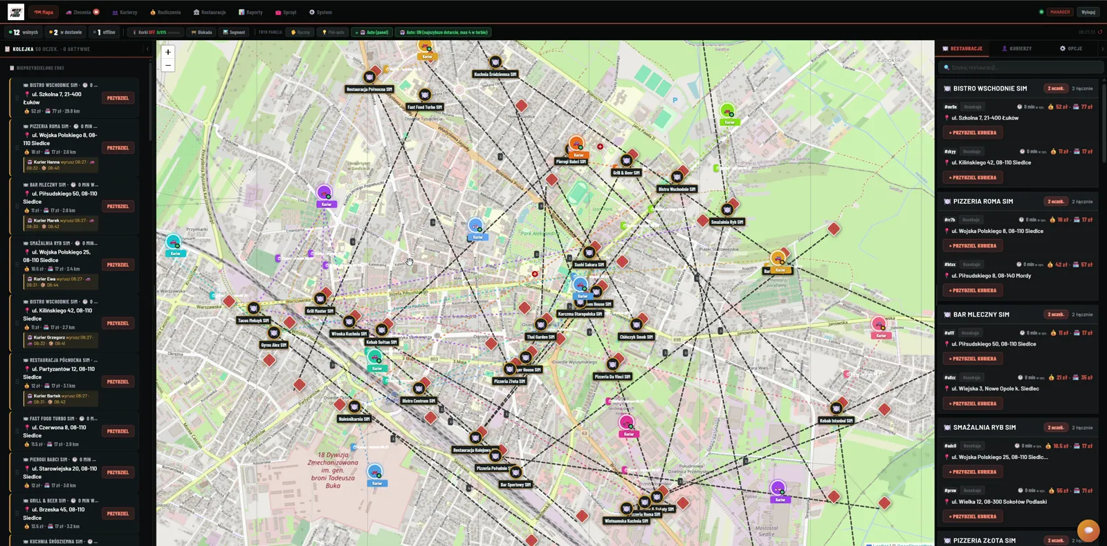 Panel koordynatora z mapą Siedlec i kolejką zleceń